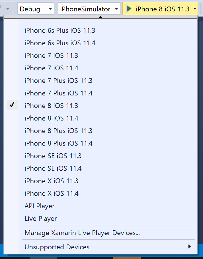 Visual Studio toolbar list of iOS simulators available on the macOS build host.