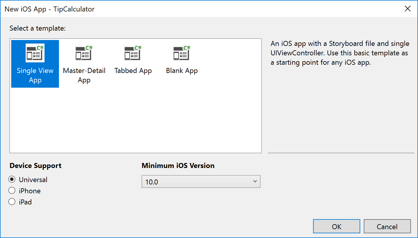 Configuring the template and support options for the iOS project.