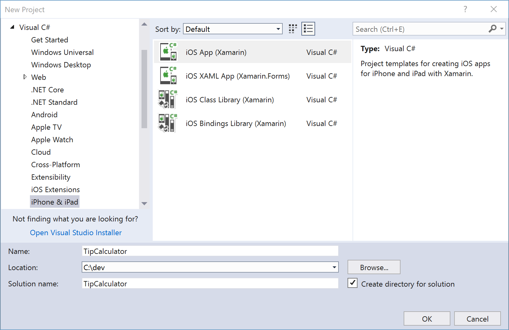 Selecting the iOS project template in Visual Studio.
