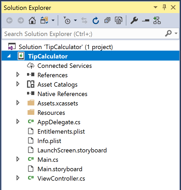 List of files and nodes in the Visual Studio Solution Explorer after creating initial iOS project.