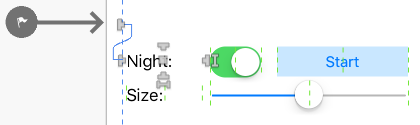 Dragging a label's left constraint to set it in relation to the parent view controller's guide.