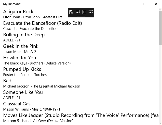 MyTunes app running on UWP, showing the list of songs that includes a title modified by our new extension method, showing "Alligator Rock" by Elton John instead of "Crocodile Rock".
