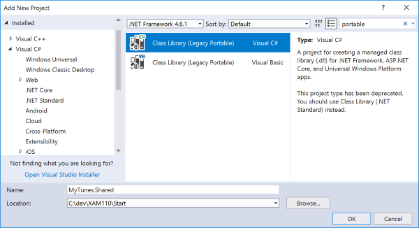 New Project dialog in Visual Studio searching for "portable".