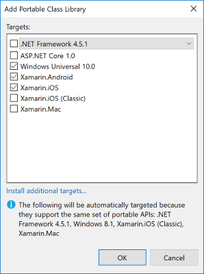 Secondary screen for selecting platform targets when creating a new Portable Class Library.