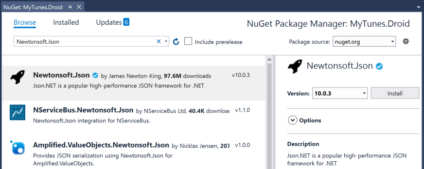 NuGet Package Manager showing search results for "Newtonsoft.Json" with the top package selected for install.