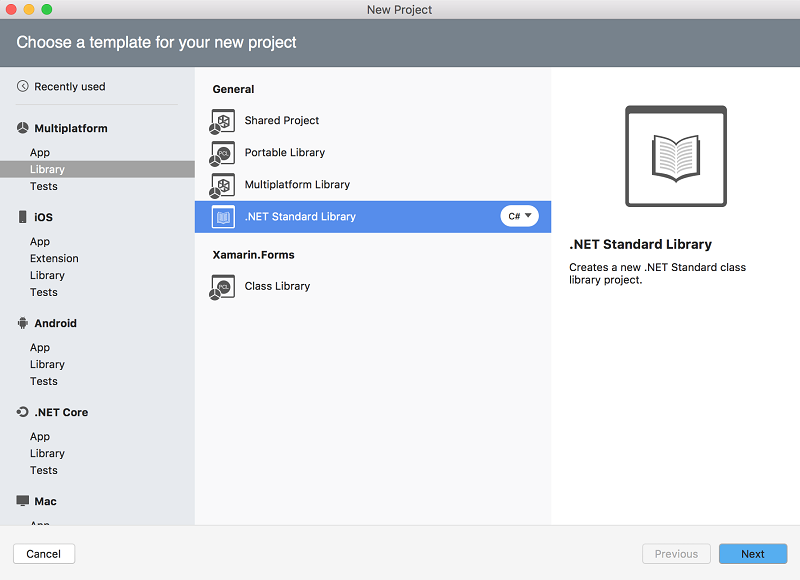 Picking the .NET Standard Library from the new project wizard.