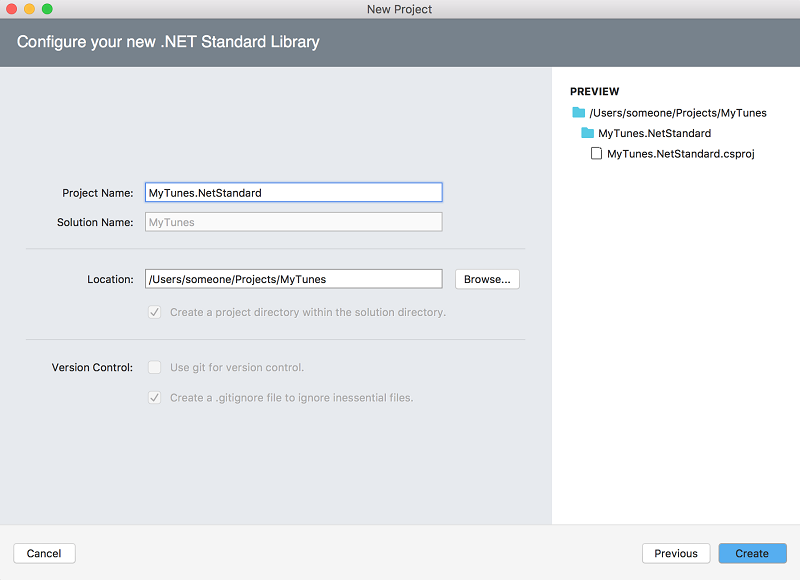Setting initial project details in the .NET Standard Library screen of the New Project wizard.
