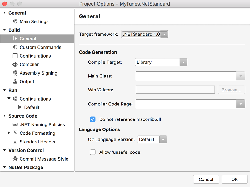 Selecting initial .NET Standard target version of 1.0.
