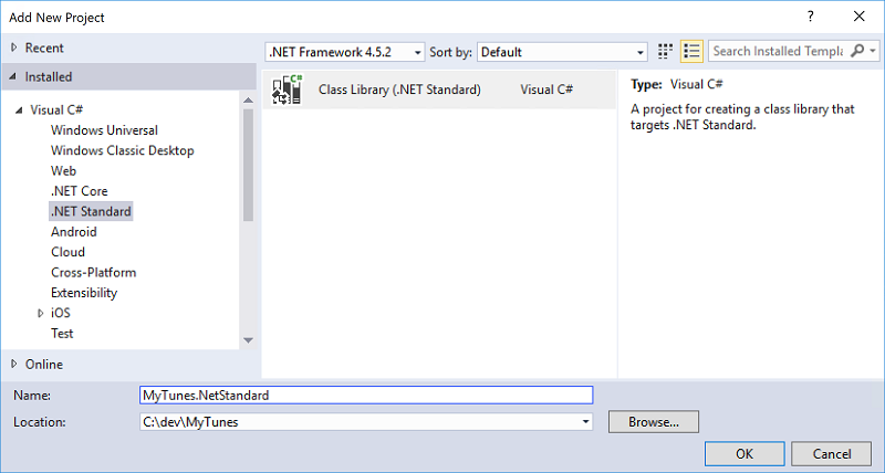Picking the .NET Standard Library from the new project wizard.