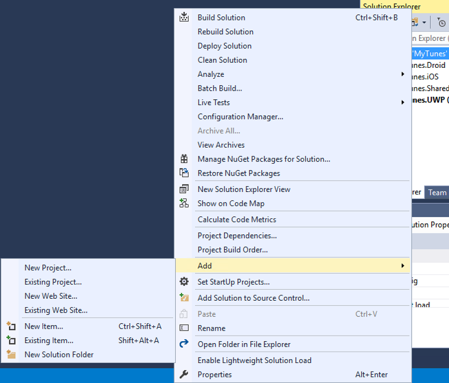 Add a new project from the Solution pad solution node's right-click contextual menu.