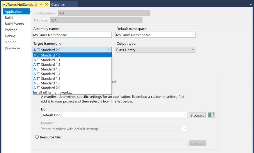 Selecting initial .NET Standard target version of 1.0.