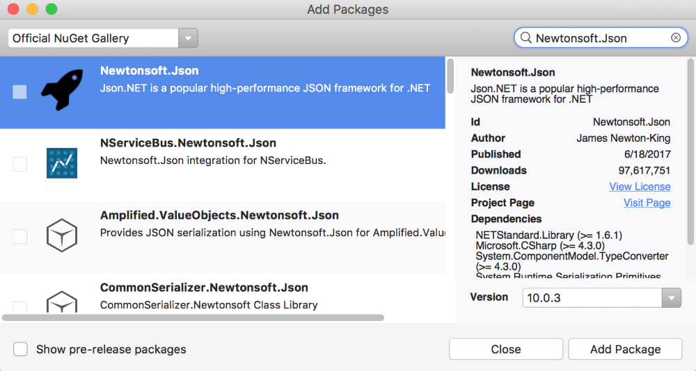 Add Packages dialog showing NuGet search results for "Newtonsoft.Json" with the top package selected for install.