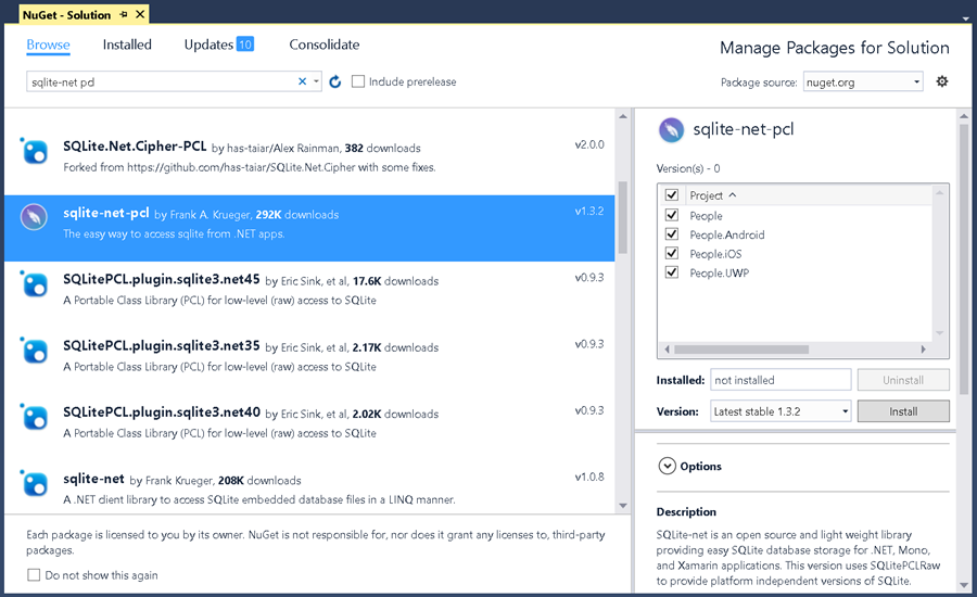 Install the sqlite-net-pcl package for all projects Adding the sqlite-net-pcl NuGet package to all solution projects in Visual Studio.