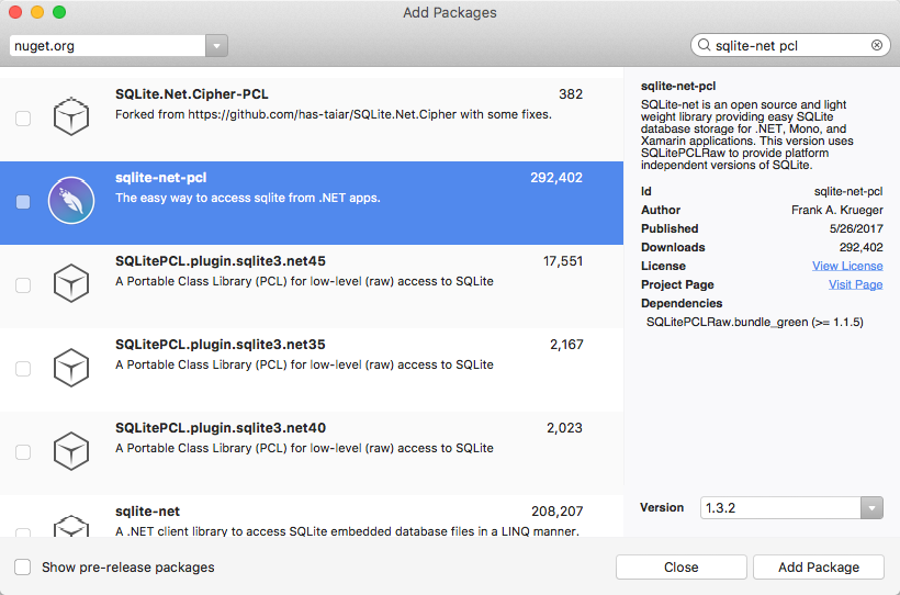 Install the sqlite-net-pcl package for each project Adding the sqlite-net-pcl NuGet package to a project in Visual Studio.