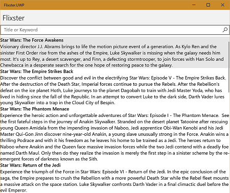 Movies shown in the UWP app